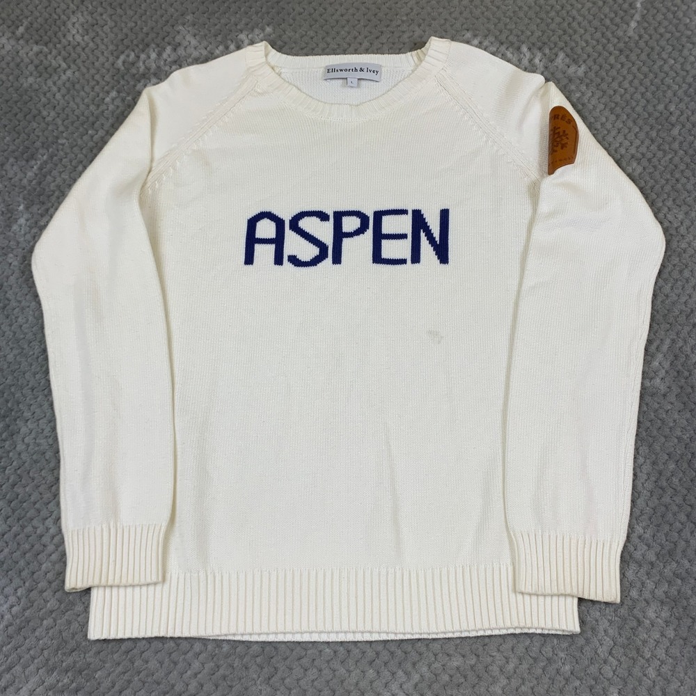 Ellsworth & Ivey Sweater Womens L Ivory Navy Aspen Apres Ski Knit Pullover